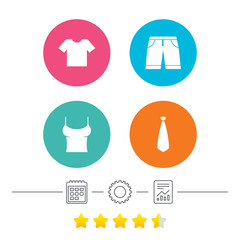 Clothes icons. T-shirt and bermuda shorts signs. Business tie symbol. Calendar, cogwheel and report linear icons. Star vote ranking. Vector