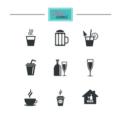 Cocktail, beer icons. Coffee and tea drinks. Soft and alcohol drinks symbols. Black flat icons. Classic design. Vector