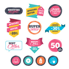 Sale stickers, online shopping. Notebook pc and Usb flash drive stick icons. Computer mouse and CD or DVD sign symbols. Website badges. Black friday. Vector