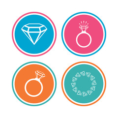 Rings icons. Jewelry with shine diamond signs. Wedding or engagement symbols. Colored circle buttons. Vector