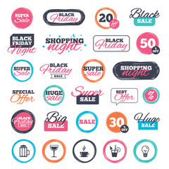 Sale shopping stickers and banners. Drinks icons. Coffee cup and glass of beer symbols. Wine glass and cocktail signs. Website badges. Black friday. Vector