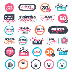 Obraz premium Sale shopping stickers and banners. Drinks icons. Coffee cup and glass of beer symbols. Wine glass and cocktail signs. Website badges. Black friday. Vector