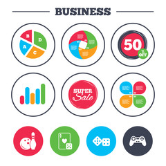 Business pie chart. Growth graph. Bowling and Casino icons. Video game joystick and playing card with dice symbols. Entertainment signs. Super sale and discount buttons. Vector
