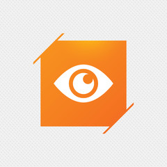 Eye sign icon. Publish content button. Visibility. Orange square label on pattern. Vector