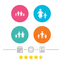 Family with two children icon. Parents and kids symbols. One-parent family signs. Mother and father divorce. Calendar, cogwheel and report linear icons. Star vote ranking. Vector