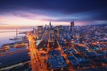 San Francisco panorama at sunrise with waterfront and downtown. California theme background. Art...