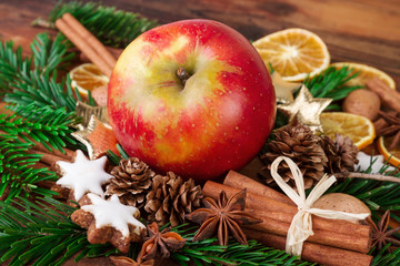 red apple with christmas spices rustic still life