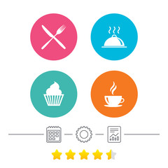Food and drink icons. Muffin cupcake symbol. Fork and knife sign. Hot coffee cup. Food platter serving. Calendar, cogwheel and report linear icons. Star vote ranking. Vector