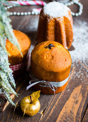 Mini panettone and pandoro, with fruits and Christmas decoration
