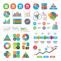 Business charts. Growth graph. Gift box sign icons. Present with bow and ribbons symbols. Engagement ring sign. Video game joystick. Market report presentation. Vector