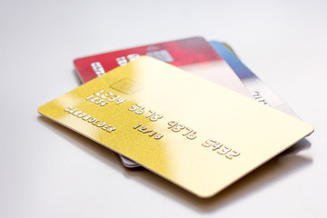 bunch of credit cards on white background online shopping