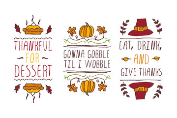 Set of Thanksgiving elements and text on white background