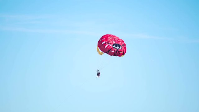 People addicted to extreme sports flying with parachute, parasailing activity