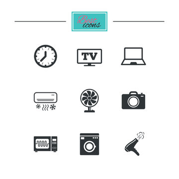 Home appliances, device icons. Electronics signs. Air conditioning, washing machine and microwave oven symbols. Black flat icons. Classic design. Vector
