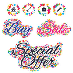 Sale confetti labels and banners. Home key icon. Wrench service tool symbol. Locker sign. Main page web navigation. Special offer sticker. Vector