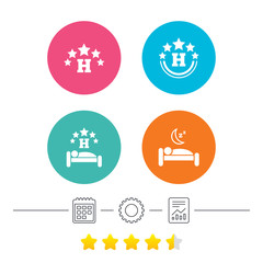 Five stars hotel icons. Travel rest place symbols. Human sleep in bed sign. Calendar, cogwheel and report linear icons. Star vote ranking. Vector