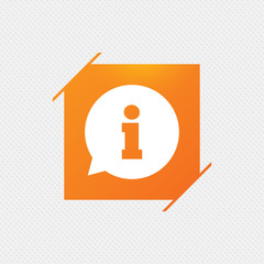 Information sign icon. Info speech bubble symbol. Orange square label on pattern. Vector