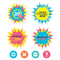 Shopping night, black friday stickers. Plus and minus icons. Delete and question FAQ mark signs. Enlarge zoom symbol. Special offer. Vector