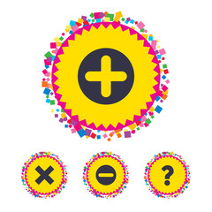 Obraz premium Web buttons with confetti pieces. Plus and minus icons. Delete and question FAQ mark signs. Enlarge zoom symbol. Bright stylish design. Vector