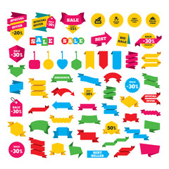 Obraz premium Web stickers, banners and labels. 100% Natural Bio food icons. Halal and Kosher signs. Chief hat with fork and spoon symbol. Special offer tags. Vector