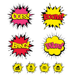Comic Boom, Wow, Oops sound effects. 100% Natural Bio food icons. Halal and Kosher signs. Chief hat with fork and spoon symbol. Speech bubbles in pop art. Vector