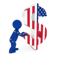 EU Flag 3D Man Character Pushing US Flag Dollar Symbol 3D Illustration