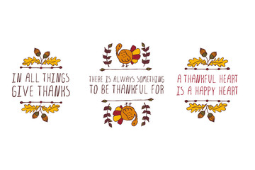 Set of Thanksgiving elements and text on white background