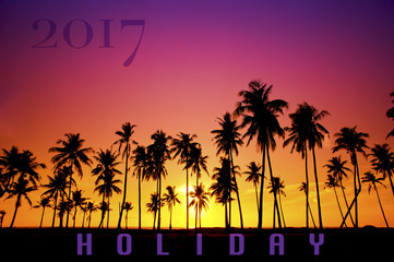 Obraz premium New Year 2017 concept - Silhouetted of coconut tree during sunrise with word 