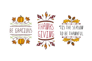 Set of Thanksgiving elements and text on white background