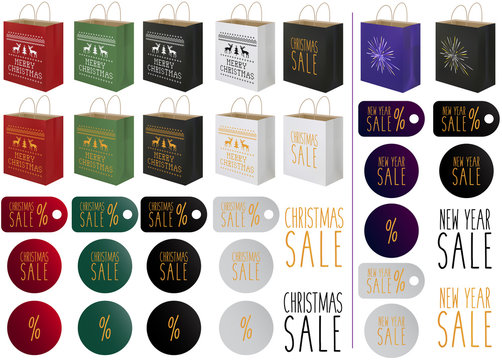 Illustration of Christmas and New Year's Eve Shopping Bag, Badges, Price tag and Logo Design Package