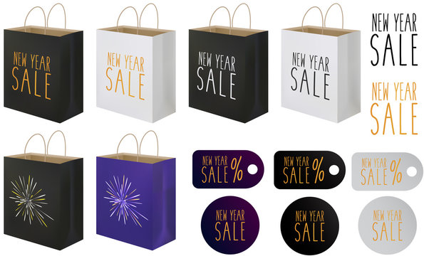 Illustration of New Year's Eve Shopping Bag, Badges, Price tag and Logo Design Package