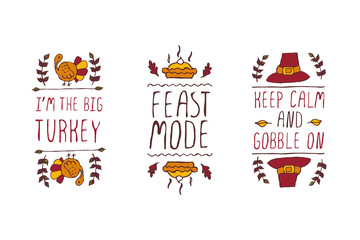 Set of Thanksgiving elements and text on white background