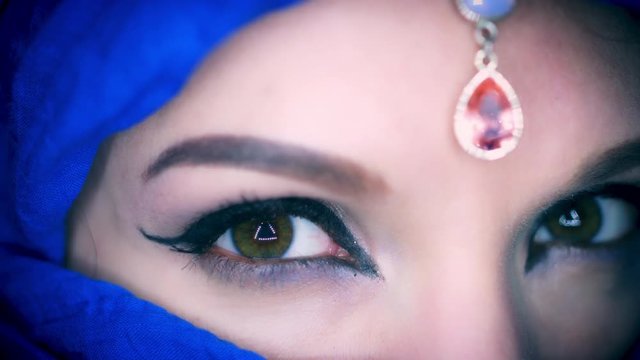 4k Colourful Arabic Woman Opening Eyes Close-up with Veil