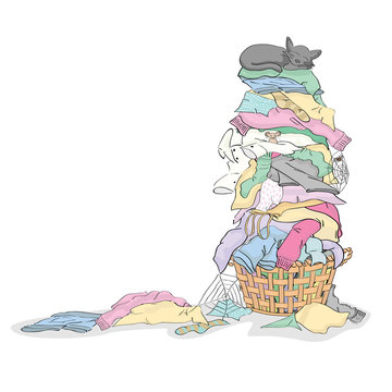 Tall Pile of Dirty Laundry in Basket with Cat and Critters

