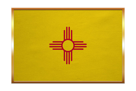Flag of New Mexico , golden frame, fabric texture