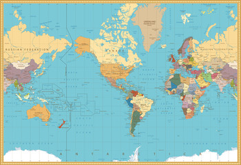 Retro Color America Centered Political World Map