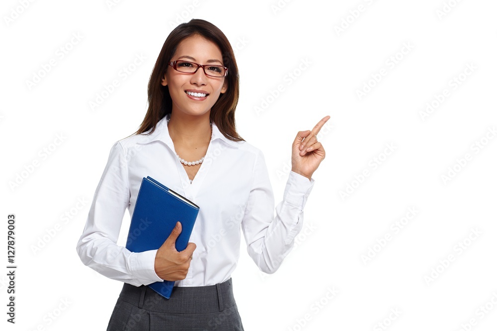 Poster asian business woman presenting copy space.