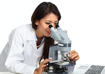 Chinese scientist woman with microscope.