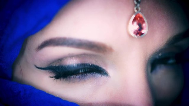 4k Colourful Arabic Woman Opening Eyes Close-up with Veil