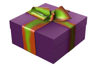 Striped Present box with gifts tied green red bow on white background. 3d illustration