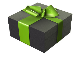 Striped Present box with gifts tied green bow on white background. 3d illustration