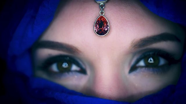 4k Colourful Arabic Woman Opening Eyes Close-up with Veil