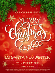 Vector merry christmas party poster with christmas fir-tree branches, golden stars and lettering greetings word - christmas, and snowflakes - 127882007