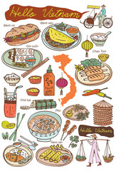 Set of Vietnamese food doodles. Hand drawn outline vector.