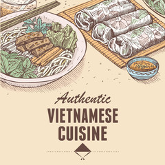 Hand drawn of Vietnamese fresh spring rolls and beef noodles