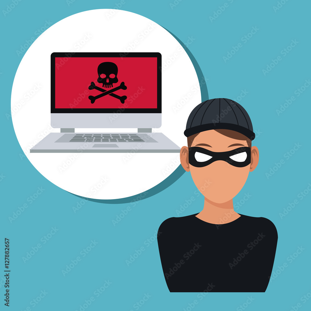 Poster hacker and laptop icon. cyber security system warning and protection theme. vector illustraton