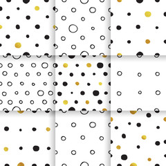 Scandinavian minimal pattern with circles and dots. Seamless gold and black patterns, hand drawn in black ink. Perfect for gift wrapping or printing on fabric.