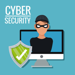 Hacker and computer icon. Cyber security system warning and protection theme. Vector illustraton