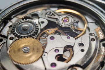 Fototapeta na wymiar Detail of watch machinery on the table.