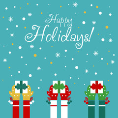 Christmas and New Year vector card with kids, snowflakes and clouds